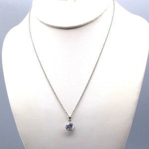 Vintage CZ Solitaire Bezel Set Pendant Necklace on Delicate Silver Tone Chain